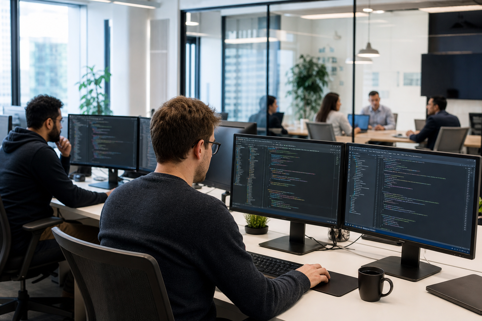 Modern engineering studio with developers at work